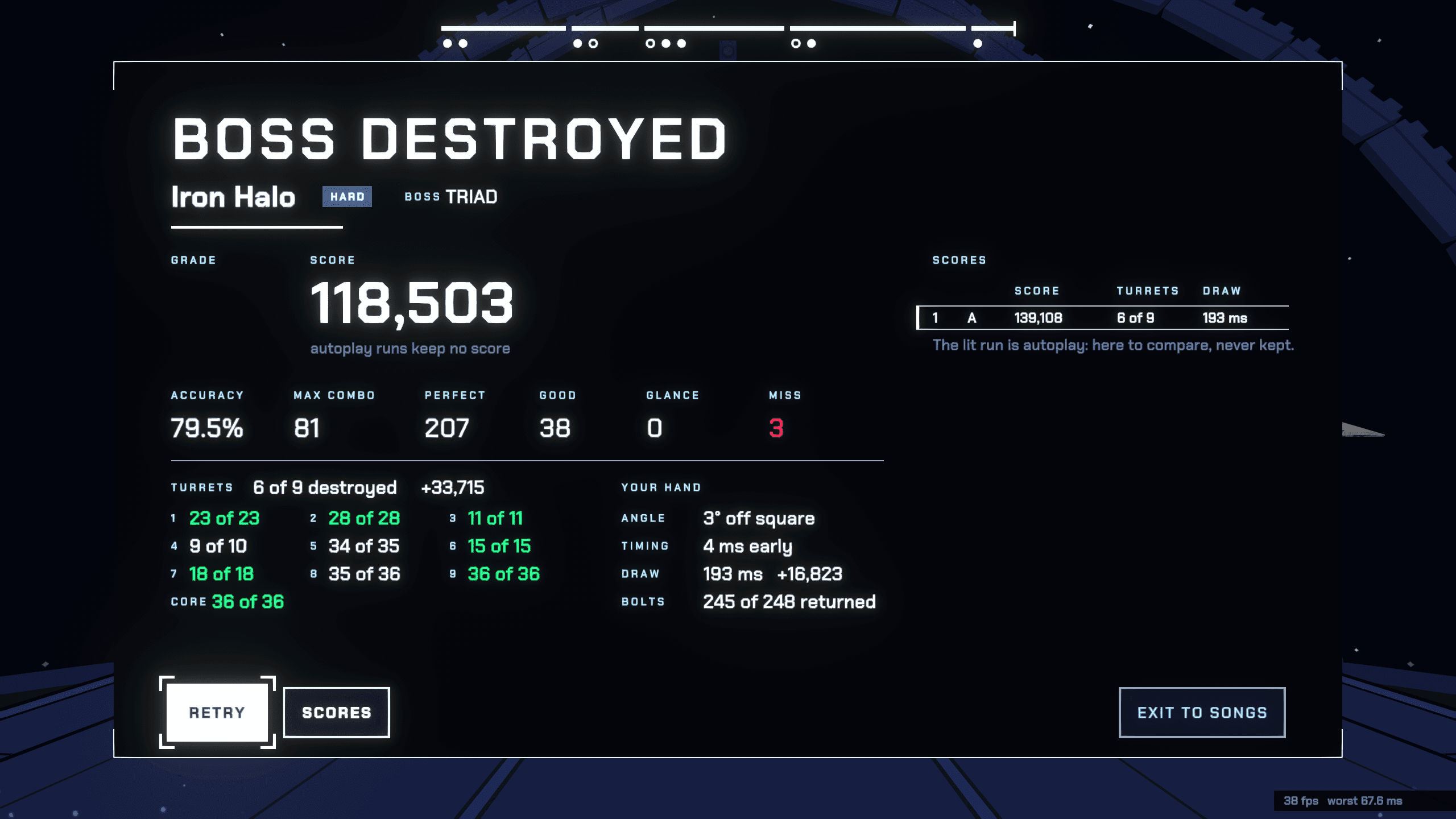 The results: BOSS DESTROYED, the grade and the score (grade A: no pilot reaches S; human seeds 1 to 4 score 78 to 80%, sloppy 0.2 scores 82.2%, and plain autoplay is perfect, SS)